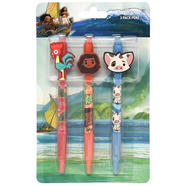 Disney Moana 3-Pack Pens with Rubber Character Clips - Perfect for Kids & Collectors!