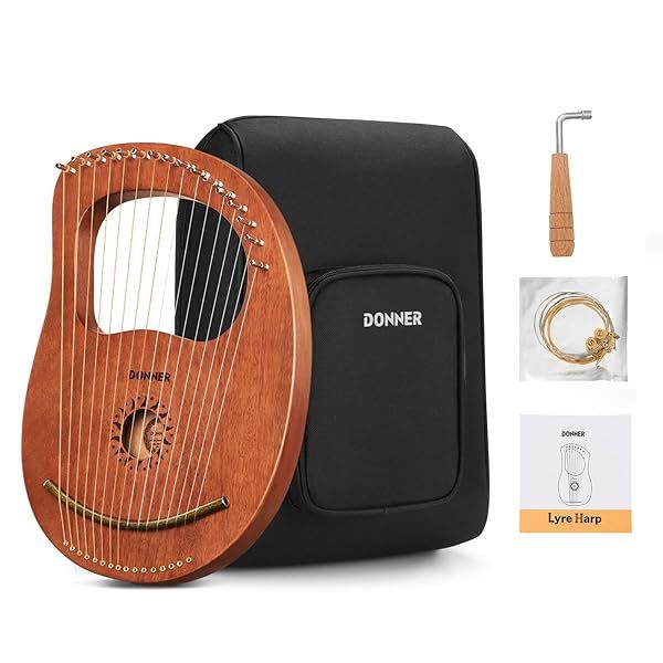 Donner Lyre Harp DLH-003: 16 Metal Strings, Mahogany Body, Gig Bag & Tuning Wrench - Ancient Greece Style Music Instrument