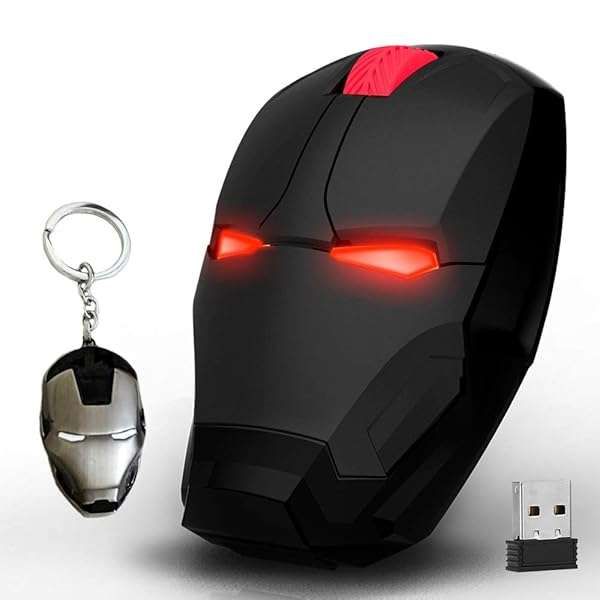 Ergonomic Wireless Iron Man Mouse - Silent Optical Click, 2.4G USB Receiver for Laptop & PC, Black/Golden with Keychain