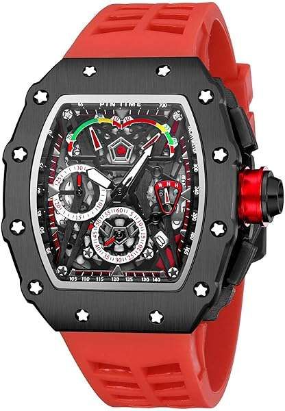 FANMIS Mens Luxury Tonneau Square Watches Analog Punk Chronograph Unique Sports Wrist Watch Japanese Movement Luminous Design with Rubber Band (Black Red)