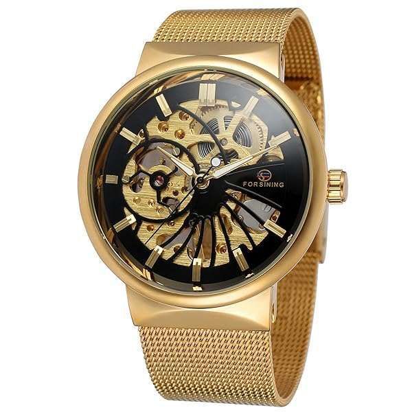 FOR SINING Men's Ultra Thin Mechanical Skeleton Watch - Stylish Stainless Steel Mesh Bracelet