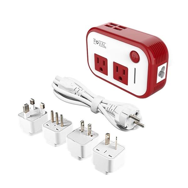 FOVAL 220V to 110V Voltage Converter & 4-Port USB Travel Adapter for 150+ Countries