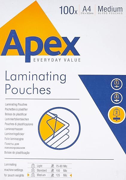Fellowes 6003501 Apex A4 Laminating Pouches 125 Micron - 100 Pack for Superior Document Protection