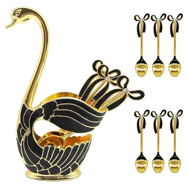Elegant Flylin Coffee Spoon Holder Set: Metal Swan Base with 6 Ice Cream & Dessert Spoons - Perfect for Coffee Lovers!