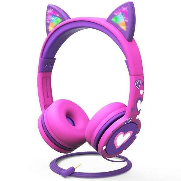 FosPower Kids Headphones with LED Cat Ears - Safe 85 dB Volume, Tangle-Free, Perfect for School & Travel - Hot Pink/Purple