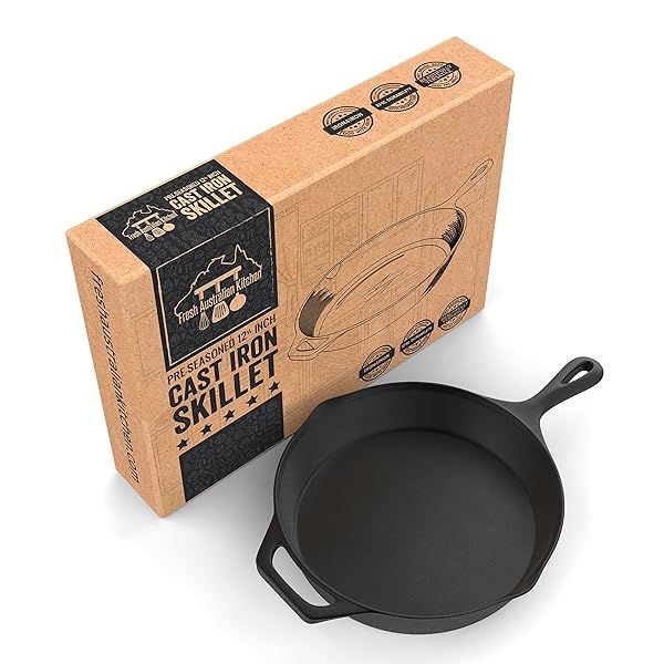 "Fresh Australian Kitchen 12" Cast Iron Skillet - Nonstick, Pre-Seasoned Frying Pan for Perfect Cooking"