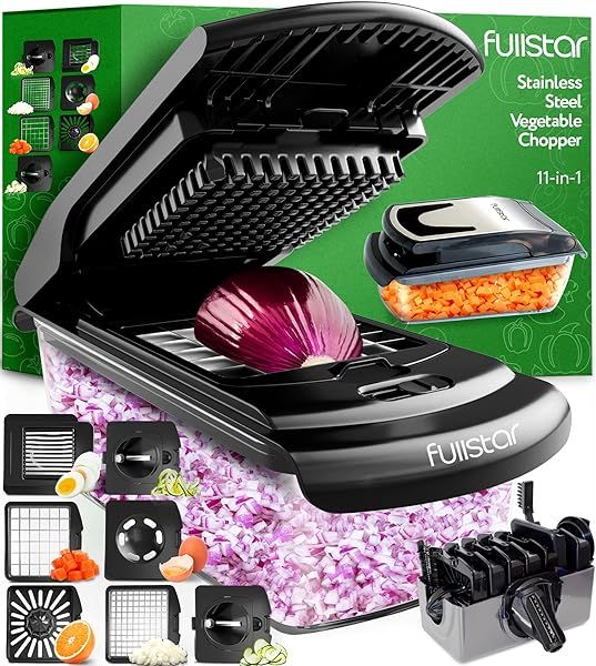 Fullstar 11-in-1 Vegetable Chopper: Ultimate Food & Onion Chopper with Container - Black/Stainless Steel