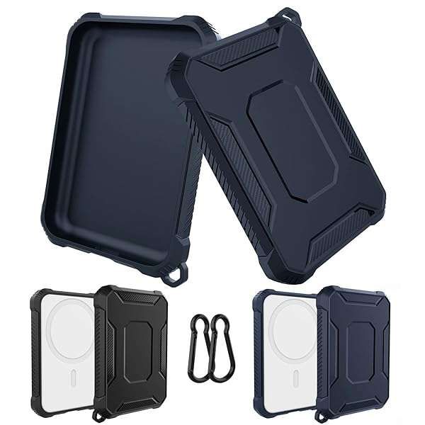 GHIJKL 2 Pack MagSafe Battery Pack Case - Slim TPU Carbon Fiber, Anti-Shock Bumper, Keychain - Black/Blue