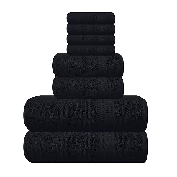 GLAMBURG Ultra Soft 8-Piece Towel Set - 100% Cotton Oversized Bath Towels & Wash Cloths for Home, Hotel & Spa - Luxurious Black