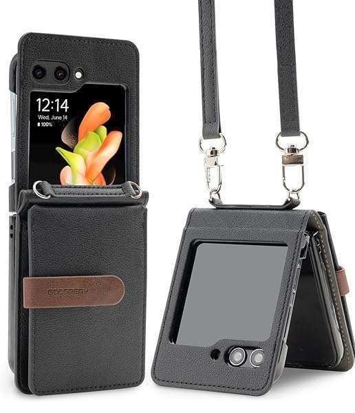 GOOSPERY Wallet Case for Galaxy Z Flip 5: Detachable Card Holder & Adjustable Strap - Premium PU Leather, Black