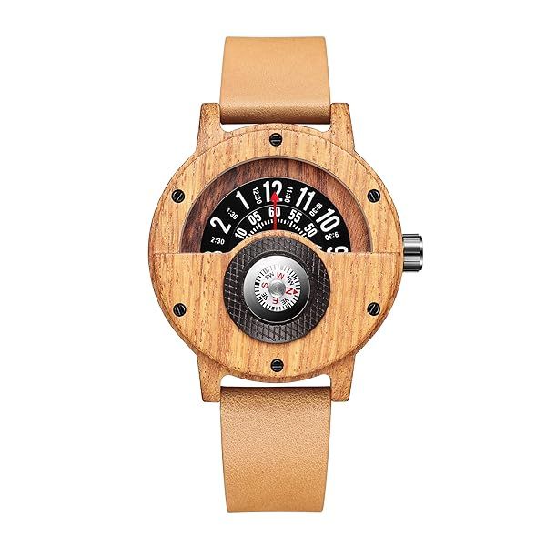 GORBEN Men's Wood Watch: Unique Leather Band, Turntable Dial & Compass - Stylish Military Quartz Timepiece