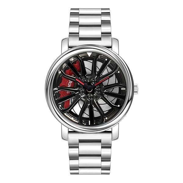 GORBEN Men's 3D Car Wheel Rotating Wrist Watch - Stylish Silver Timepiece for Auto Enthusiasts