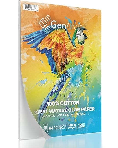 GenCrafts 100% Cotton Watercolor Paper Pad A4 - 20 Sheets, 140lb Cold Press for Painting & Drawing