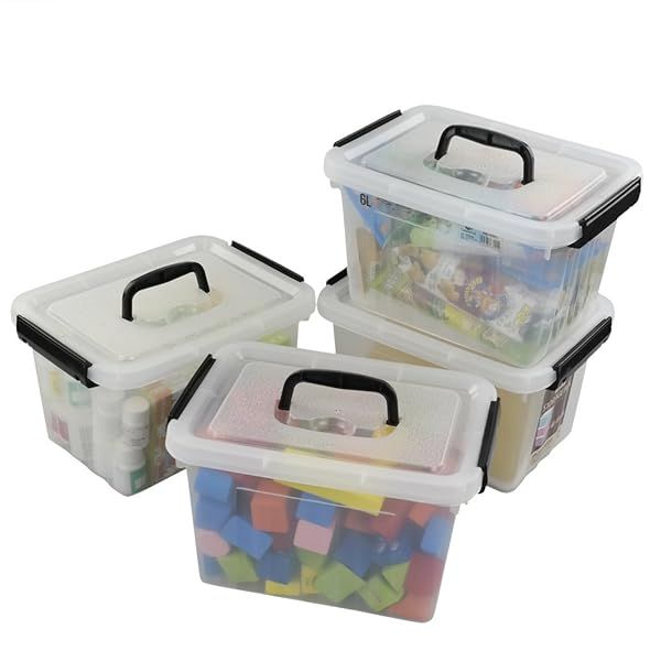 Ggbin 6 Quart Clear Storage Box Set with Black Handles & Latches - 4 Pack for Organizing & Easy Access