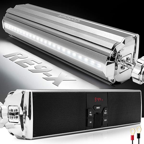 GoHawk RE9-X Gen.3 Waterproof Bluetooth Motorcycle Speakers - LED Soundbar for ATV & 4 Wheelers with USB, AUX, FM Radio