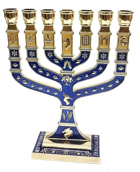 "Shop Stunning 4.7" Golden Menorah with 12 Tribes of Israel & Blue Enamel - Perfect for Jerusalem Decor"