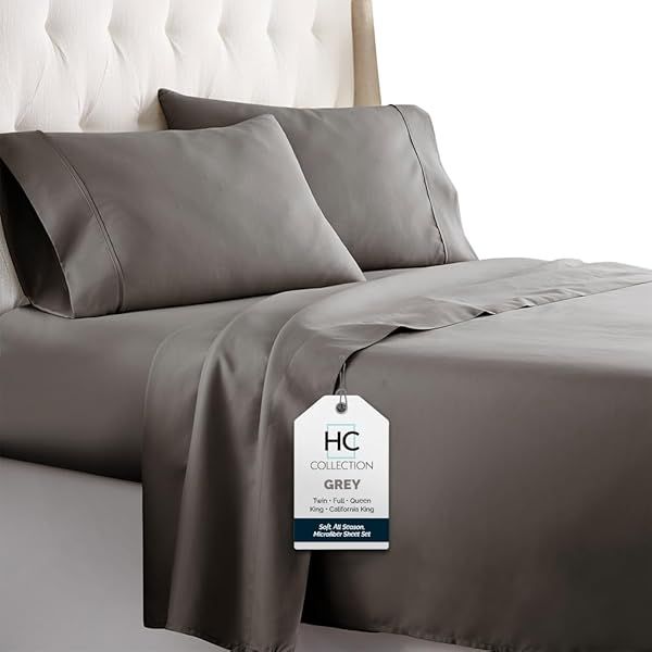 HC Collection Queen Bed Sheets Set - Luxury Microfiber, Deep Pocket, Ultra Soft & Fade Resistant - 4 Pcs Gray Bedding