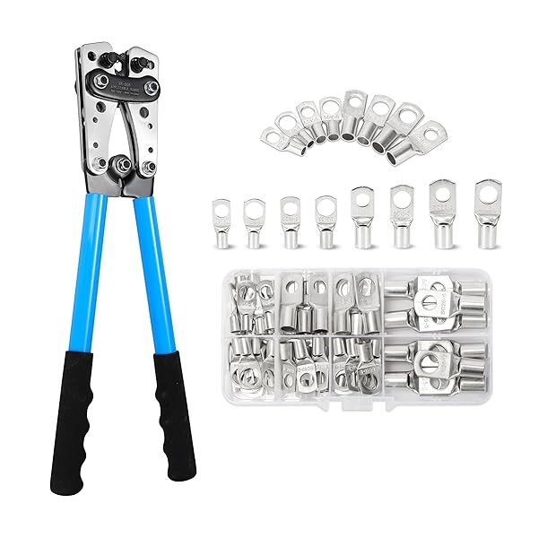 Heavy Duty HKS Battery Cable Lug Crimping Tool Set: 10-1 AWG with 60 Copper Ring Terminals & 8 Sizes for Perfect Crimps