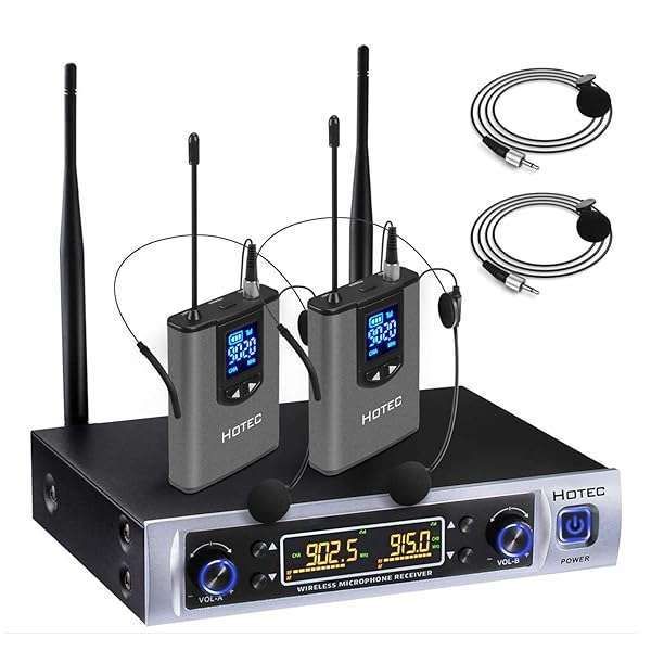 HOTEC UHF Wireless Microphone System: Dual Lapel & Headset Mics for Church, Training, Karaoke & Interviews (H-K25)
