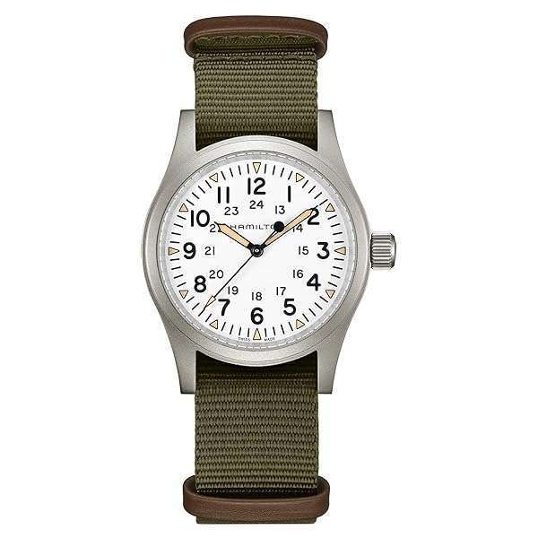 Buy Hamilton Khaki Field Mechanical 38mm Watch | Swiss Made | Stainless Steel | White Dial | Green NATO Strap - Model H69439411
