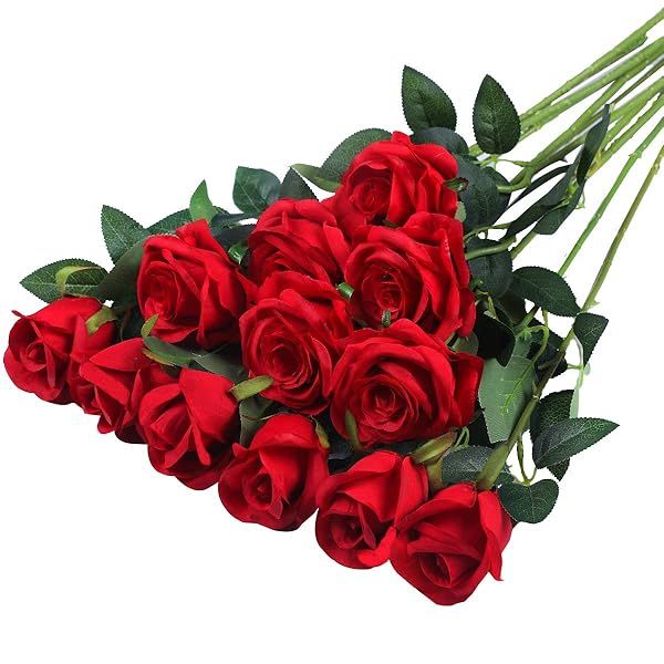 12PCS Realistic Silk Roses Bouquet - Long Stem Artificial Flowers for Home & Wedding Decor - A-Red