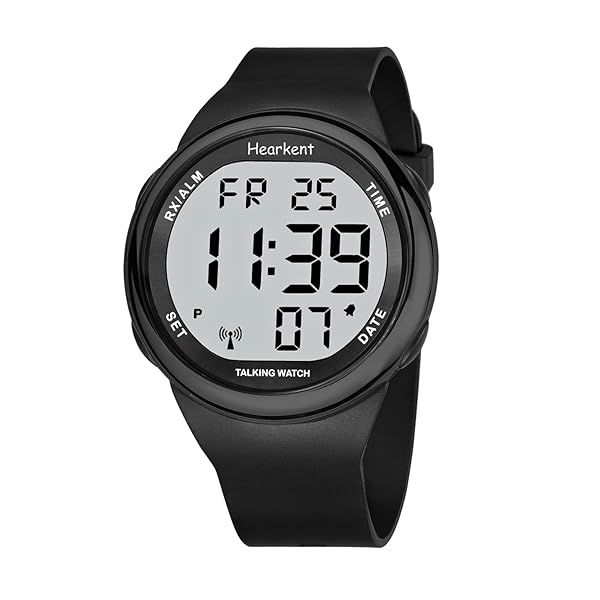 Atomic Talking Watch for Seniors - Easy-to-Read LCD, Self-Setting, Ideal for Visually Impaired - Hearkent All Black