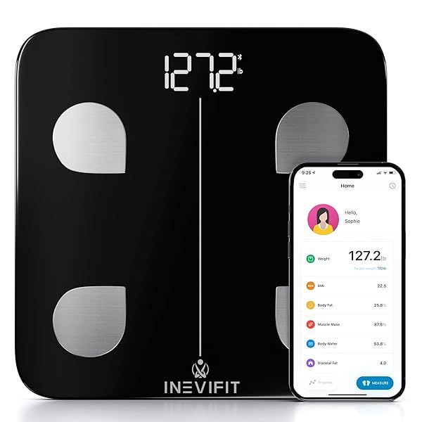 INEVIFIT Smart Body Fat Scale: Accurate Bluetooth Analyzer for Weight, Body Fat, Muscle & More - Unlimited Users (Black)