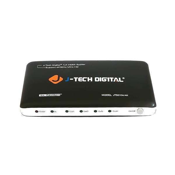 J-Tech Digital JTD0104 4K HDMI Splitter: 4 Ports, Ultra HD 3840x2160, 3D Support - Advanced Powered Solution