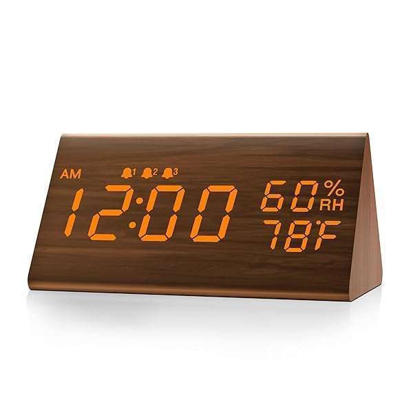 JALL Digital Alarm Clock: Wooden LED Display, 3 Alarms, Humidity & Temperature Sensor for Bedroom
