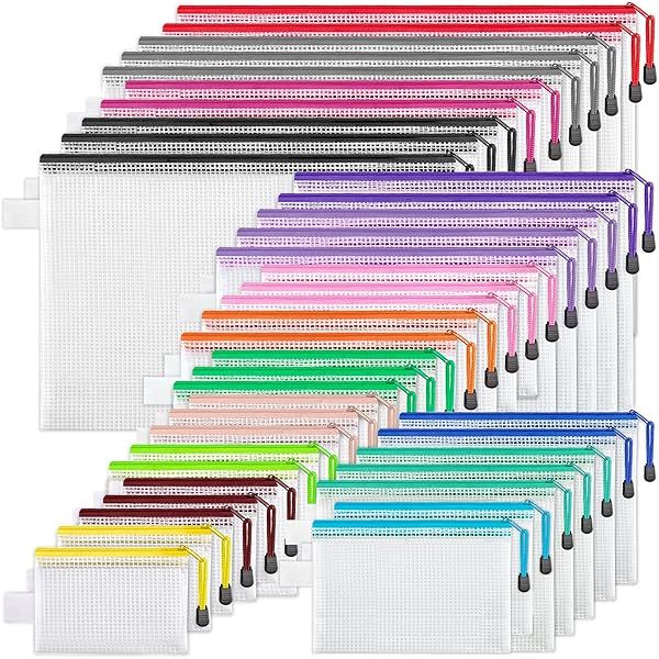 JARLINK 40pcs Waterproof Mesh Zipper Pouches - 8 Sizes & 16 Colors for Games, School Supplies, Office, Cosmetics & Travel