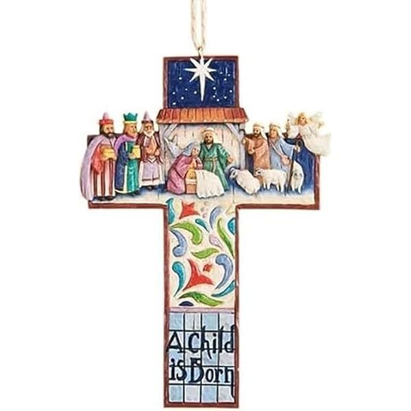 Jim Shore Heartwood Creek Cross Nativity Scene Stone Resin Hanging Ornament, 4.75