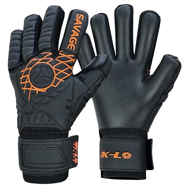 Shop K-LO Savage Blackout Goalkeeper Gloves - Size 7 Black/Orange | Unisex Youth & Adult with Fingersaves & Strong Grip