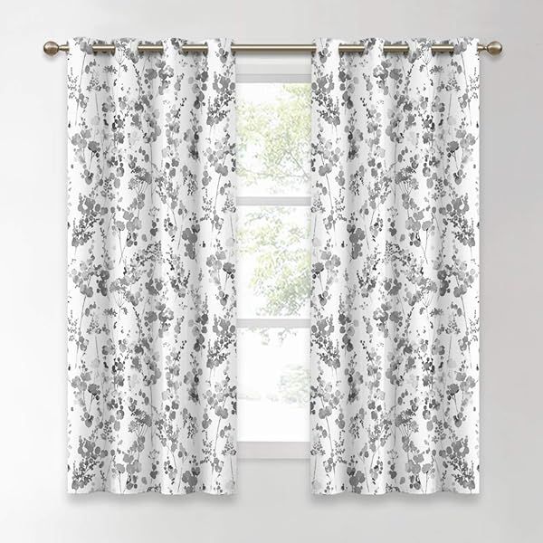 KGORGE Blackout Curtains - Watercolor Floral Grommet Panels for Bedroom & Living Room, 52x63 inches, Dove Grey