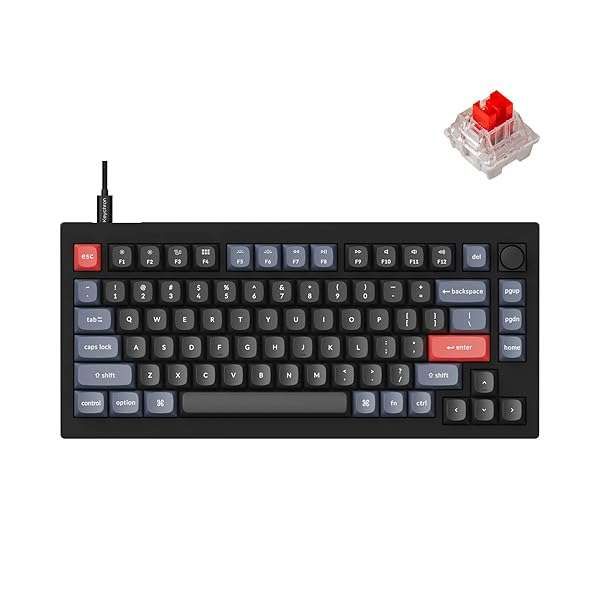 Keychron V1 75% Wired Mechanical Keyboard - QMK/VIA, Hot-Swappable Red Switches, Mac/Windows/Linux Compatible - Carbon Black