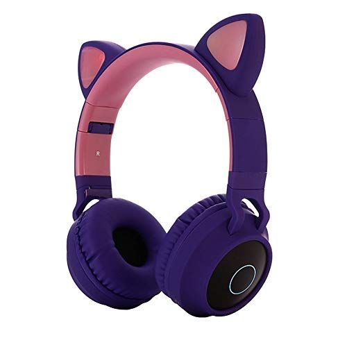 Kids Bluetooth 5.0 Cat Ear Headphones - Foldable Wireless Headset with Mic, LED Light, FM Radio & Volume Control (Purple)