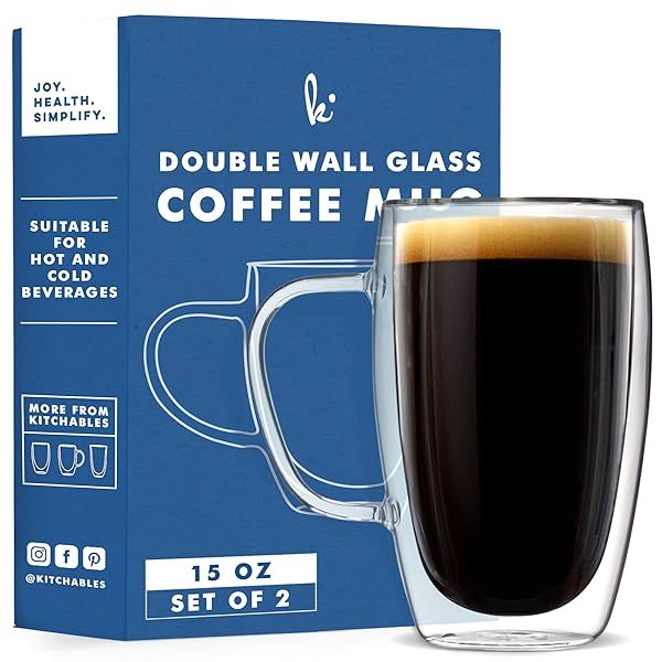 Buy Kitchables Double Walled Glass Coffee Mugs Set of 2 - Insulated 15oz Latte & Espresso Cups for Perfect Coffee Experience