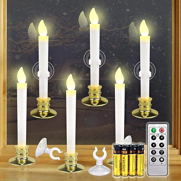 Kithouse 6 Set Flameless Christmas Window Candles with Timer & Battery - LED Taper Lights, Gold Holders & Suction Cups Included