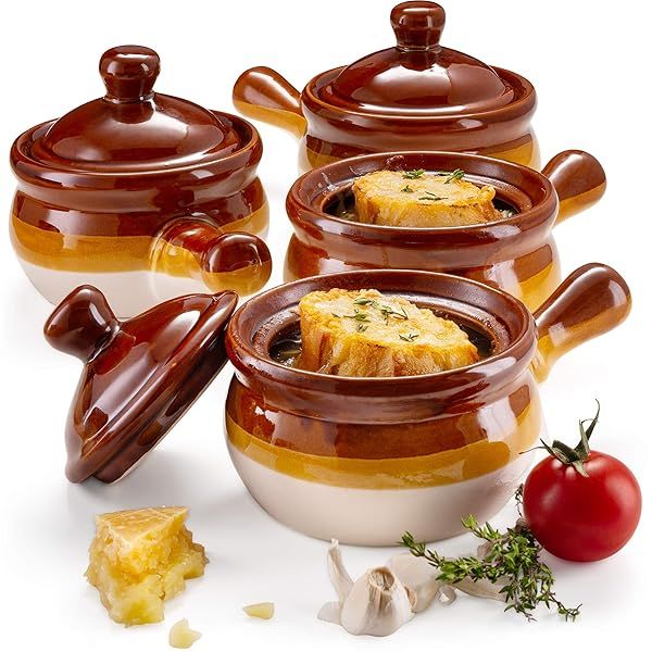 Set of 4 KooK French Onion Soup Crocks with Lids - Oven Safe Ceramic Bowls, Large Handles, Dishwasher & Microwave Friendly