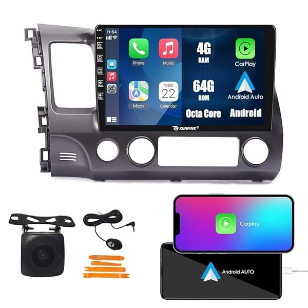 "Kunfine 10" CarPlay Android Auto Stereo for Honda Civic 2004-2011 | GPS, Reverse Camera, Octa Core Media Player"
