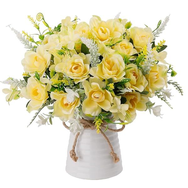 LESING Artificial Gardenia Flowers in Vase - Silk Floral Decor for Home, Office & Parties (Champagne)