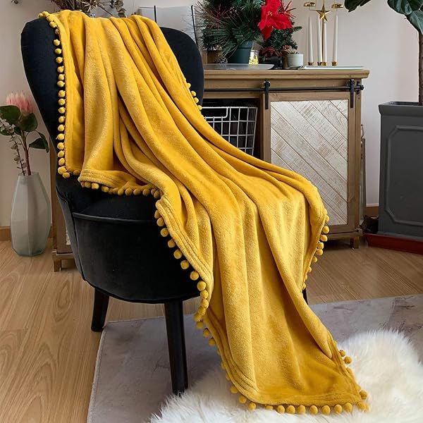 LOMAO Mustard Yellow Flannel Blanket with Pompom Fringe - Cozy Lightweight Throw for Couch & Bed, All Season (51x63)