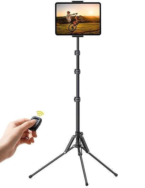 "Adjustable Lamicall Tablet Floor Tripod Stand - 64.9" Holder for iPad Pro, Mini, Air & Phones with Bluetooth Remote"