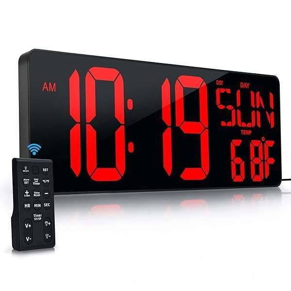 "17.2" LED Digital Wall Clock with Remote - Large Display Timer, Temperature, Date & Auto DST for Home & Office"