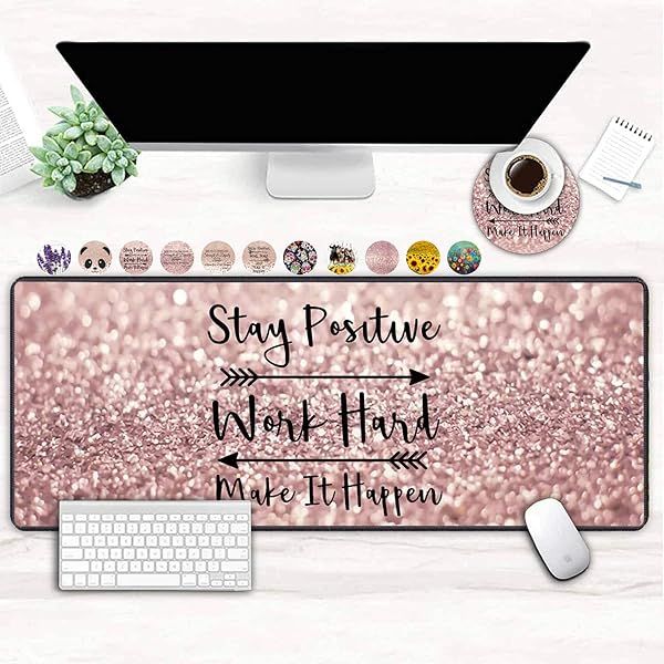 Stay Positive Pink Glitter Gaming Mouse Pad - Extended Ergonomic Non-Slip Mat with Cup Coaster for Ultimate Comfort
