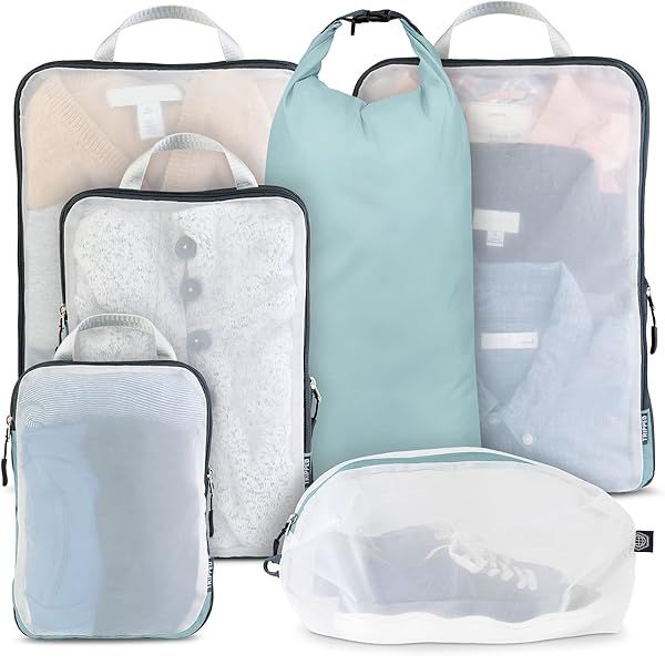 TRIPPED Travel Gear Large Packing Cube Set - Compression Organizers with See-Through Mesh in Dusty Teal