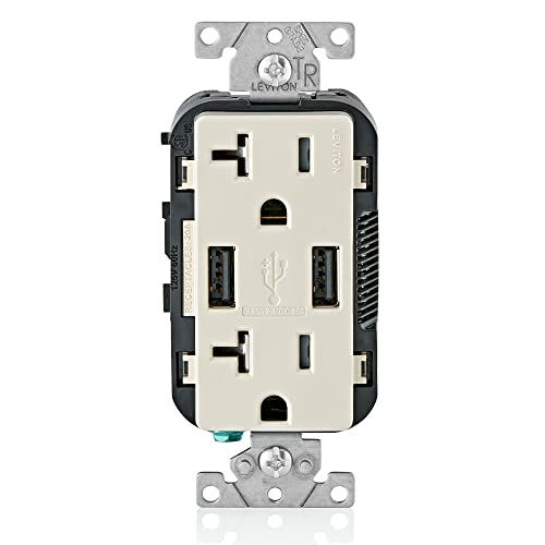Leviton T5832-T Type-A USB In-Wall Charger & 20A Outlet - Light Almond for Smartphones