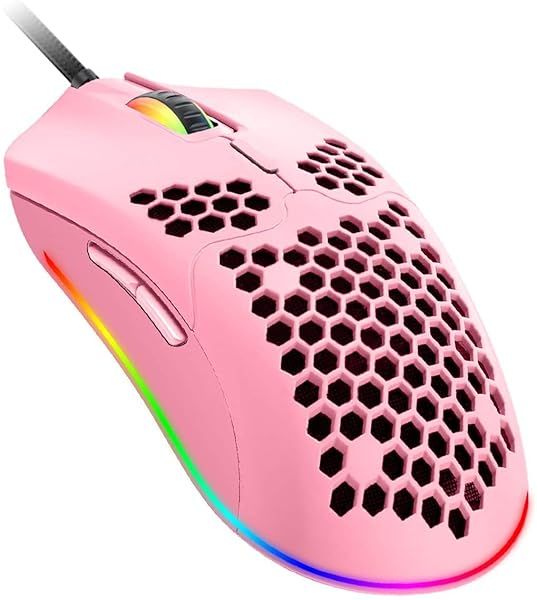 Lightweight RGB Gaming Mouse with PixArt 3325, 12000 DPI, Honeycomb Shell - Perfect for PC, Xbox & PS4 Gamers (Pink)