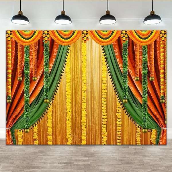 Stunning 7x5ft Lofaris Pooja Photography Backdrop for Ganpati, Diwali & Weddings - Traditional Mehndi & Marigold Decorations
