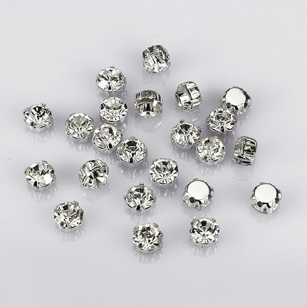 100 Pcs LolliBeads Crystal Sew-On Rhinestones - White 6mm Czech Glass with Silver Plated Prongs