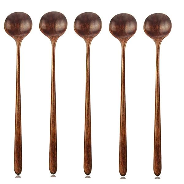"5-Piece Korean Style Wooden Long Spoons - 10.9" Natural Soup & Cooking Utensils, FDA Approved"